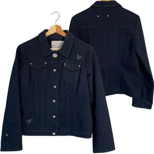 NWOT Brighton Embroidered Denim Jean Jacket Women's S/M* Black Bedazzled Hearts
